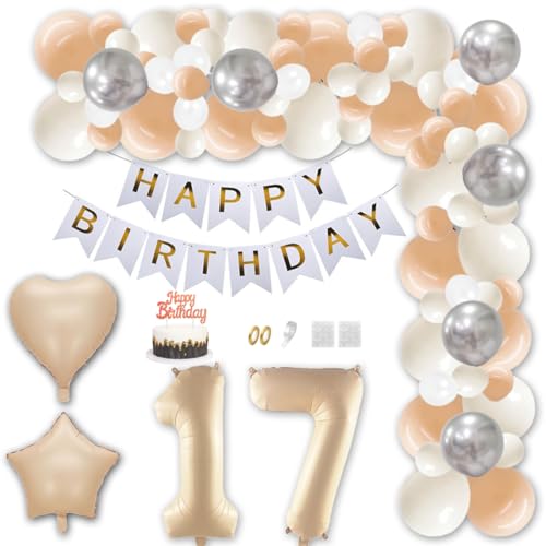 Aabellay 17 Jahr Geburtstag Deko Männer Frauen Karamell Aprikose Geburtstagsdeko Gold Happy Birthday Banner Geburtstag Nummer Folienballons Weiß Silber Konfetti Luftballons Tortenaufsatz von Aabellay