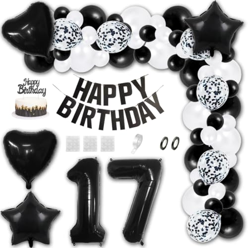 Aabellay 17 Jahre Geburtstag Dekorationen Schwarz Geburtstagsdeko Happy Birthday Banner Weiß Konfetti Luftballons Nummer Folienballons Stern Mylar Foil Ballon Tortendeko für Mann Frauen von Aabellay