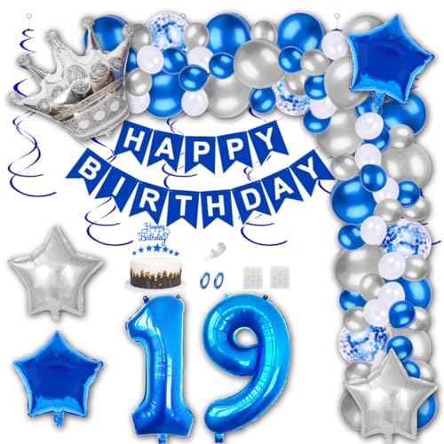 Aabellay 19 Jahre Geburtstag Dekorationen Blau Geburtstagsdeko Happy Birthday Banner Silber Konfetti Luftballons Nummer Folienballons Krone Stern Mylar Foil Ballon Tortendeko für Mann Frauen von Aabellay