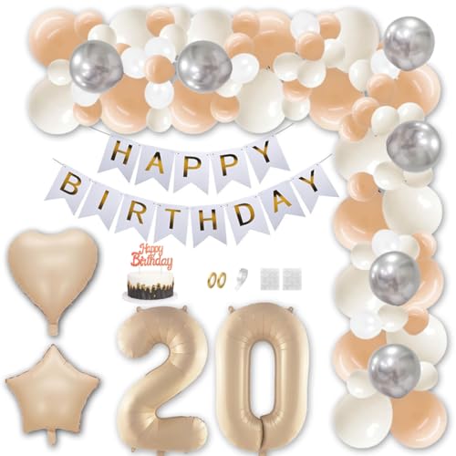 Aabellay 20 Jahr Geburtstag Deko Männer Frauen Karamell Aprikose Geburtstagsdeko Gold Happy Birthday Banner Geburtstag Nummer Folienballons Weiß Silber Konfetti Luftballons Tortenaufsatz von Aabellay