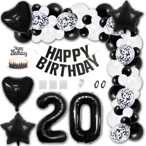 Aabellay 20 Jahre Geburtstag Dekorationen Schwarz Geburtstagsdeko Happy Birthday Banner Weiß Konfetti Luftballons Nummer Folienballons Stern Mylar Foil Ballon Tortendeko für Mann Frauen von Aabellay