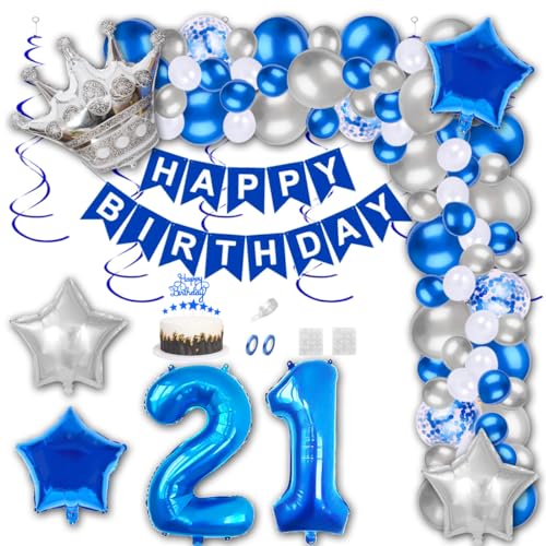 Aabellay 21 Jahre Geburtstag Dekorationen Blau Geburtstagsdeko Happy Birthday Banner Silber Konfetti Luftballons Nummer Folienballons Krone Stern Mylar Foil Ballon Tortendeko für Mann Frauen von Aabellay