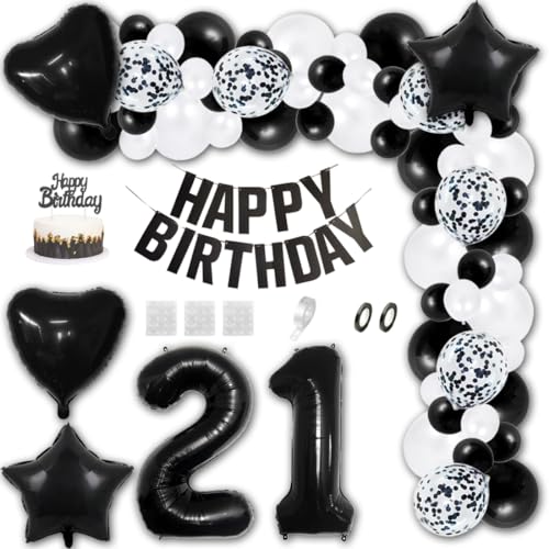 Aabellay 21 Jahre Geburtstag Dekorationen Schwarz Geburtstagsdeko Happy Birthday Banner Weiß Konfetti Luftballons Nummer Folienballons Stern Mylar Foil Ballon Tortendeko für Mann Frauen von Aabellay