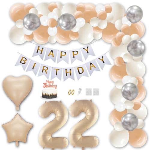 Aabellay 22 Jahr Geburtstag Deko Männer Frauen Karamell Aprikose Geburtstagsdeko Gold Happy Birthday Banner Geburtstag Nummer Folienballons Weiß Silber Konfetti Luftballons Tortenaufsatz von Aabellay