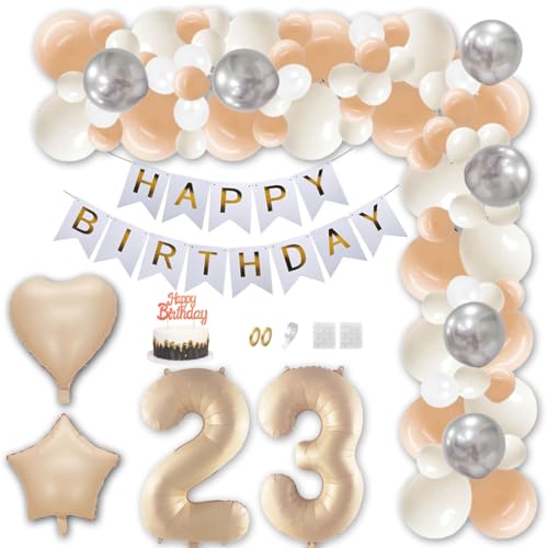 Aabellay 23 Jahr Geburtstag Deko Männer Frauen Karamell Aprikose Geburtstagsdeko Gold Happy Birthday Banner Geburtstag Nummer Folienballons Weiß Silber Konfetti Luftballons Tortenaufsatz von Aabellay