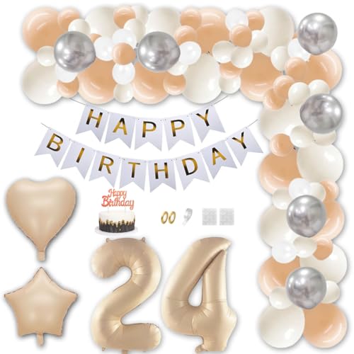 Aabellay 24 Jahr Geburtstag Deko Männer Frauen Karamell Aprikose Geburtstagsdeko Gold Happy Birthday Banner Geburtstag Nummer Folienballons Weiß Silber Konfetti Luftballons Tortenaufsatz von Aabellay