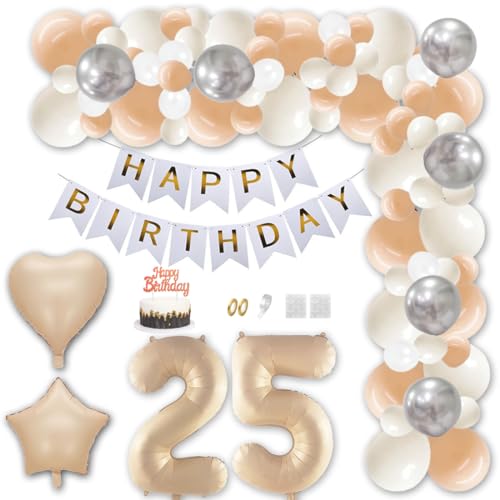 Aabellay 25 Jahr Geburtstag Deko Männer Frauen Karamell Aprikose Geburtstagsdeko Gold Happy Birthday Banner Geburtstag Nummer Folienballons Weiß Silber Konfetti Luftballons Tortenaufsatz von Aabellay