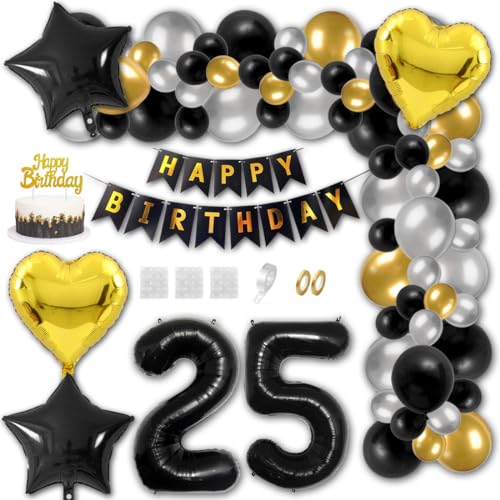 Aabellay 25 Jahre Geburtstag Dekorationen Schwarz Geburtstagsdeko Happy Birthday Banner Gold Konfetti Luftballons Nummer Folienballons Stern Mylar Foil Ballon Tortendeko für Mann Frauen von Aabellay