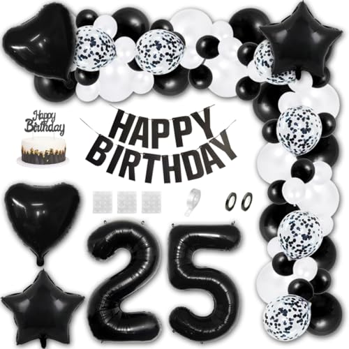 Aabellay 25 Jahre Geburtstag Dekorationen Schwarz Geburtstagsdeko Happy Birthday Banner Weiß Konfetti Luftballons Nummer Folienballons Stern Mylar Foil Ballon Tortendeko für Mann Frauen von Aabellay