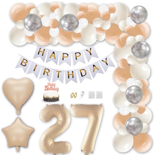 Aabellay 27 Jahr Geburtstag Deko Männer Frauen Karamell Aprikose Geburtstagsdeko Gold Happy Birthday Banner Geburtstag Nummer Folienballons Weiß Silber Konfetti Luftballons Tortenaufsatz von Aabellay