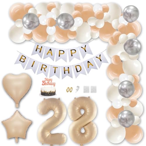 Aabellay 28 Jahr Geburtstag Deko Männer Frauen Karamell Aprikose Geburtstagsdeko Gold Happy Birthday Banner Geburtstag Nummer Folienballons Weiß Silber Konfetti Luftballons Tortenaufsatz von Aabellay