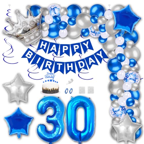 Aabellay 30 Jahre Geburtstag Dekorationen Blau Geburtstagsdeko Happy Birthday Banner Silber Konfetti Luftballons Nummer Folienballons Krone Stern Mylar Foil Ballon Tortendeko für Mann Frauen von Aabellay