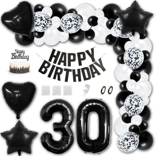 Aabellay 30 Jahre Geburtstag Dekorationen Schwarz Geburtstagsdeko Happy Birthday Banner Weiß Konfetti Luftballons Nummer Folienballons Stern Mylar Foil Ballon Tortendeko für Mann Frauen von Aabellay