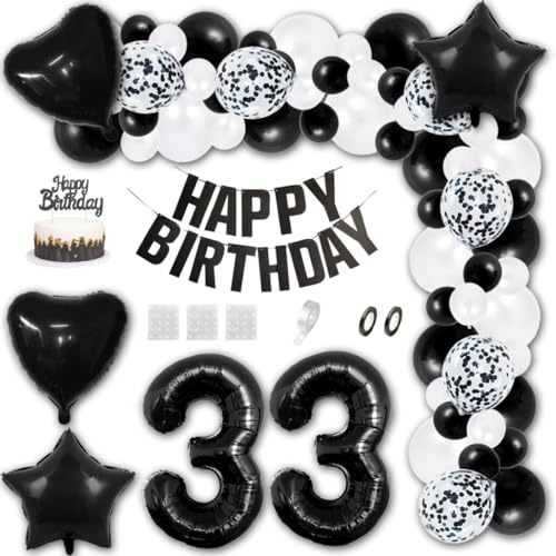 Aabellay 33 Jahre Geburtstag Dekorationen Schwarz Geburtstagsdeko Happy Birthday Banner Weiß Konfetti Luftballons Nummer Folienballons Stern Mylar Foil Ballon Tortendeko für Mann Frauen von Aabellay