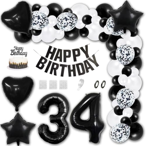 Aabellay 34 Jahre Geburtstag Dekorationen Schwarz Geburtstagsdeko Happy Birthday Banner Weiß Konfetti Luftballons Nummer Folienballons Stern Mylar Foil Ballon Tortendeko für Mann Frauen von Aabellay