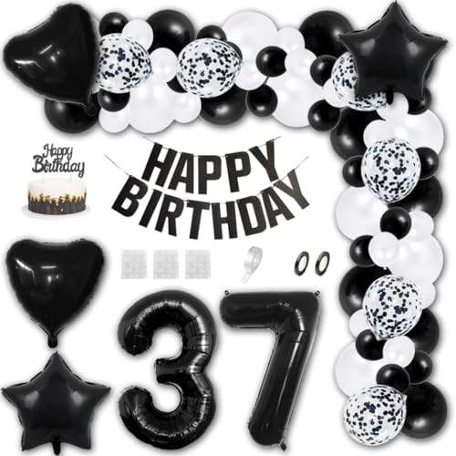 Aabellay 37 Jahre Geburtstag Dekorationen Schwarz Geburtstagsdeko Happy Birthday Banner Weiß Konfetti Luftballons Nummer Folienballons Stern Mylar Foil Ballon Tortendeko für Mann Frauen von Aabellay