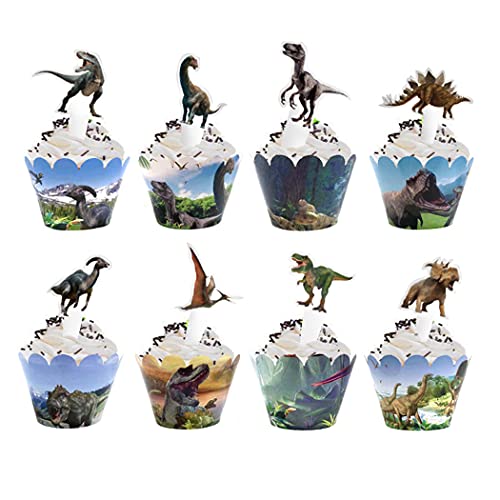 Aabellay 48 Stück Dinosaurier Cupcake Wrapper Papier Dino Tortendeko Geburtstag Kuchen Topper Muffin Kuchenaufsätze Backen Dschungel Kuchendeckel Tortenstecker für Kinder Jungen Party Deko –Jura von Aabellay