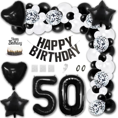 Aabellay 50 Jahre Geburtstag Dekorationen Schwarz Geburtstagsdeko Happy Birthday Banner Weiß Konfetti Luftballons Nummer Folienballons Stern Mylar Foil Ballon Tortendeko für Mann Frauen von Aabellay