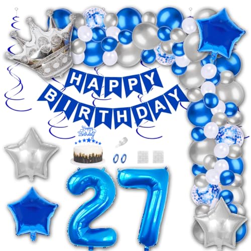 Aabellay 27 Jahre Geburtstag Dekorationen Blau Geburtstagsdeko Happy Birthday Banner Silber Konfetti Luftballons Nummer Folienballons Krone Stern Mylar Foil Ballon Tortendeko für Mann Frauen von Aabellay