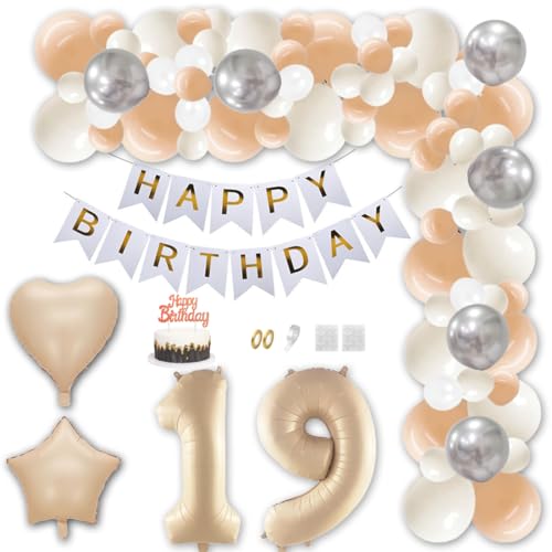 Aabellay 19 Jahr Geburtstag Deko Männer Frauen Karamell Aprikose Geburtstagsdeko Gold Happy Birthday Banner Geburtstag Nummer Folienballons Weiß Silber Konfetti Luftballons Tortenaufsatz von Aabellay