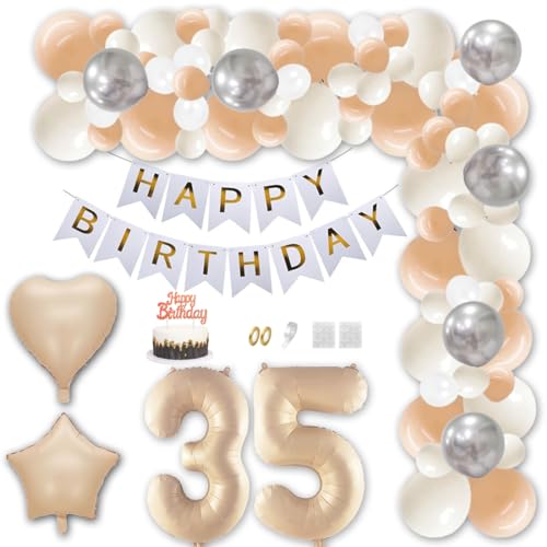 Aabellay 35 Jahr Geburtstag Deko Männer Frauen Karamell Aprikose Geburtstagsdeko Gold Happy Birthday Banner Geburtstag Nummer Folienballons Weiß Silber Konfetti Luftballons Tortenaufsatz von Aabellay