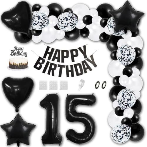 Aabellay 15 Jahre Geburtstag Dekorationen Schwarz Geburtstagsdeko Happy Birthday Banner Weiß Konfetti Luftballons Nummer Folienballons Stern Mylar Foil Ballon Tortendeko für Mann Frauen von Aabellay