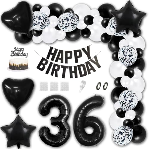 Aabellay 36 Jahre Geburtstag Dekorationen Schwarz Geburtstagsdeko Happy Birthday Banner Weiß Konfetti Luftballons Nummer Folienballons Stern Mylar Foil Ballon Tortendeko für Mann Frauen von Aabellay