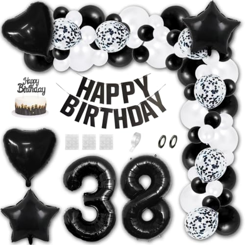 Aabellay 38 Jahre Geburtstag Dekorationen Schwarz Geburtstagsdeko Happy Birthday Banner Weiß Konfetti Luftballons Nummer Folienballons Stern Mylar Foil Ballon Tortendeko für Mann Frauen von Aabellay