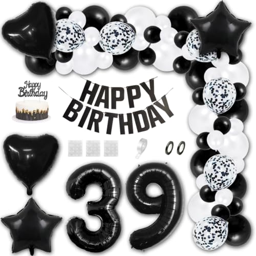 Aabellay 39 Jahre Geburtstag Dekorationen Schwarz Geburtstagsdeko Happy Birthday Banner Weiß Konfetti Luftballons Nummer Folienballons Stern Mylar Foil Ballon Tortendeko für Mann Frauen von Aabellay