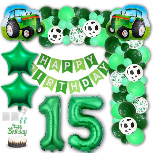 Aabellay Grün Traktor Geburtstag Deko 15 Jahre Foil Balloon Grün Trecker Luftballons Bauernhof Geburtstagsdeko Folienballon Traktor Bagger Happy Birthday Banner Tortendeko für Jungen Party Deko von Aabellay