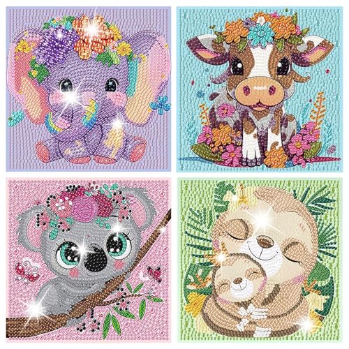 Aapxi 4er pack diamond painting kinder Diamond Painting Tiere Kuh Elefant - Diamond Painting Klein bilder - Basteln Mädchen 6 7 8 9 10 11 12 Jahre- Geschenk Mädchen Junge Bastelset Kinder Ab 6 Jahre von Aapxi