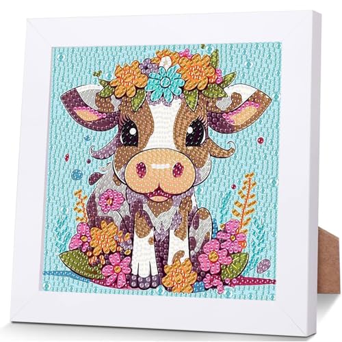 Aapxi Diamond Painting Kinder ab 6 Jahre Tiere Kuh - Diamond Painting mit Rahmen Junge Mädchen - Bastelset kinder ab 6 - Basteln mädchen jung 6 7 8 9 10 11 12 jahre von Aapxi