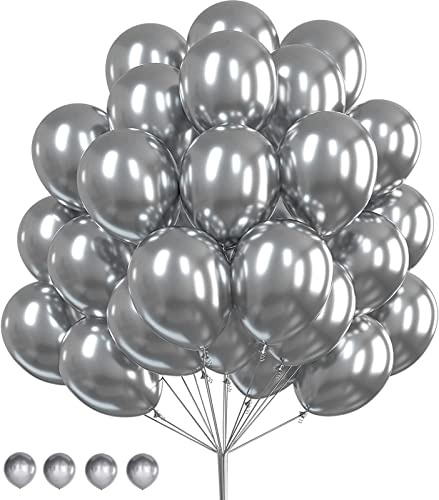 luftballons Silber Metallic,60 Stück 35CM Metallic Luftballons Silber Latex Ballons mit Bändern für Geburtstagsdeko,Hochzeit Deko,Babyparty,Party Deko von Aapxi
