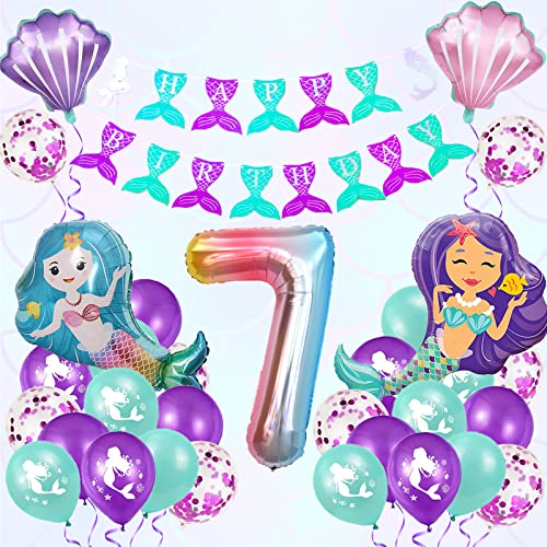 Aapxi Meerjungfrau Geburtstag Deko Luftballons,7 Jahre Alt Kindergeburtstag Deko Luftballon,Mädchen Geburtstag Deko XXL Regenbogen Zahlen Folienballon,Happy Birthday Girlande von Aapxi