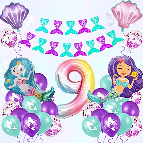 Aapxi Meerjungfrau Geburtstag Deko Luftballons,9 Jahre Alt Kindergeburtstag Deko Luftballon,Mädchen Geburtstag Deko XXL Regenbogen Zahlen Folienballon,Happy Birthday Girlande von Aapxi