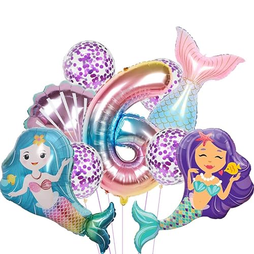 Aapxi Meerjungfrau Luftballons set 6 Jahr - Meerjungfrau Kindergeburtstag deko 9 Stücke xxl Folienballon,Geruchloser Heliumballon der Lange Zeit Schwimmt von Aapxi