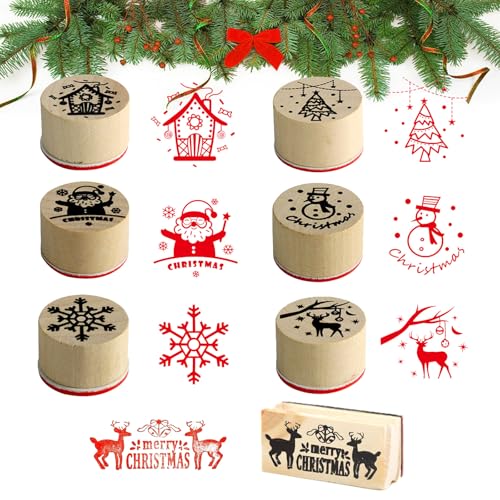 7Pcs Weihnachten Stempel Holz,Holz Weihnachtsstempel Set,Runde Spalte Mini Stempel,für Kartenbasteln Scrapbooking Geschenkpapier von Aatpuss