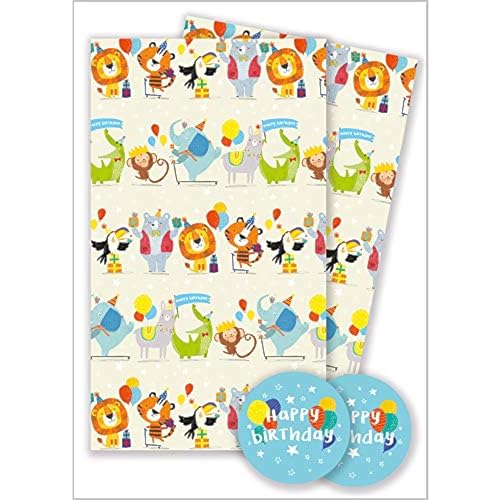 Abacus Cards 12365A Geschenkpapier mit Tiermotiven, mit 2 Bögen und 2 Etiketten, ohne Kunststoff, mehrfarbig von Abacus