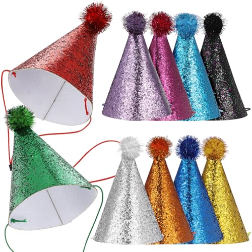 Abaodam 10 Stück -Partyhüte Glitzernde Kegelhüte Mit Bommel Bunte Geburtstags-Papierhüte Für Kinder Erwachsene Geburtstag Partyzubehör von Abaodam