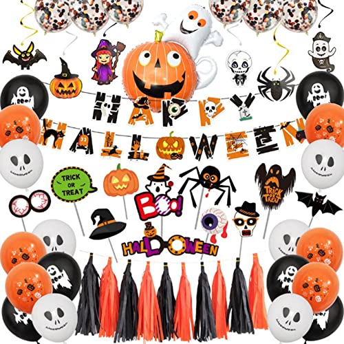 Halloween-Partypaket, Glückliches Halloween-Banner Set, Große Spinne oder schwarze Katze Aluminiumfilmballons mit fröhlichem Halloween-Banner Abbto von Abbto