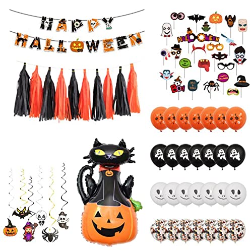 Halloween-Partypaket, Glückliches Halloween-Banner Set, Latex Orange Schwarz Weiß Luftballons Und Große Aluminiumfolie Ballon, Halloween Foto Requisiten Abbto von Abbto