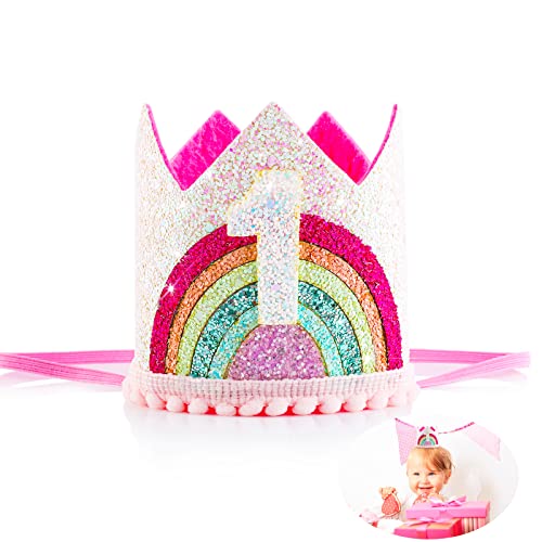 Abeillo Geburtstagskrone,1 Jahr Geburtstagskrone Baby Prinzessin Mädchen ersten Geburtstag Krone,Einstellbare Geburtstag Hut,Baby Krone für Baby ersten Geburtstag Party Kinder Partyhüte Deko(Rainbow) von Abeillo