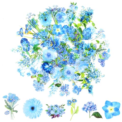 100 Blumen Scrapbooking Aufkleber,PET Transparente Pflanzen Aufkleber,Vintage Bunte Blumenaufkleber,Flower Stickers für Scrapbook Fotoalbum Tagebücher Laptops Karten (Blau) von Abeillo