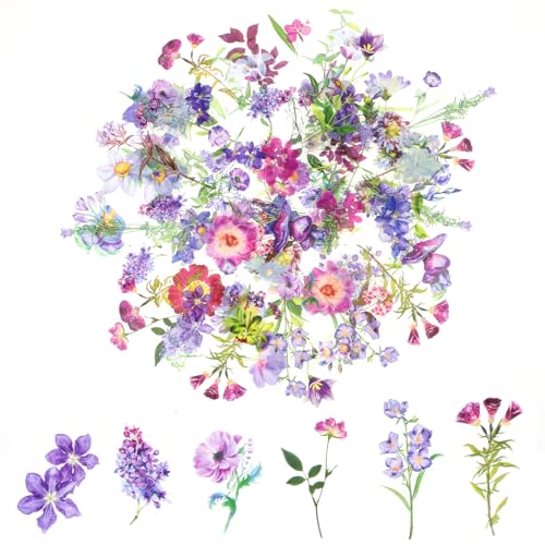 100 Blumen Scrapbooking Aufkleber,PET Transparente Pflanzen Aufkleber,Vintage Bunte Blumenaufkleber,Flower Stickers für Scrapbook Fotoalbum Tagebücher Laptops Karten (Violett) von Abeillo