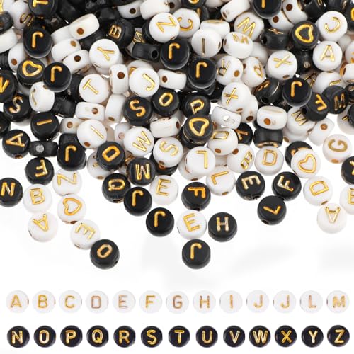 1400 Stück Acryl-Buchstabenperlen für Armbänder, Schwar Alphabet-Perlen A-Z, 7 mm Buchstabenperlen, Großpackung für Schmuck-Armbänder DIY Herstellung, mit Elastische Linie von Abeillo