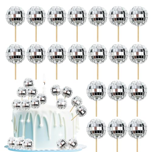 20 Stück Discokugel Kuchen Toppers 2.7cm Mini Discokugel Deko Discokugel Tortendeko Spiegelkugel 1970S Disco Ball Cupcake Dekorationen für Geburtstags Disco Thema 70er Party Zubehör(Silber) von Abeillo