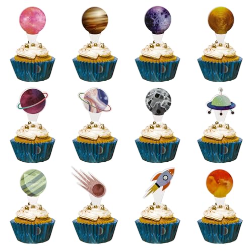 Abeillo Cupcake Deko 24 Stück, Cupcake Topper Weltraum Rakete Galaxie Universum Planeten Thema, Kuchendekoration Raum Raketen Sterne, Kinder Geburtstag Party Torte Deko Supplies,Kuchendeko von Abeillo