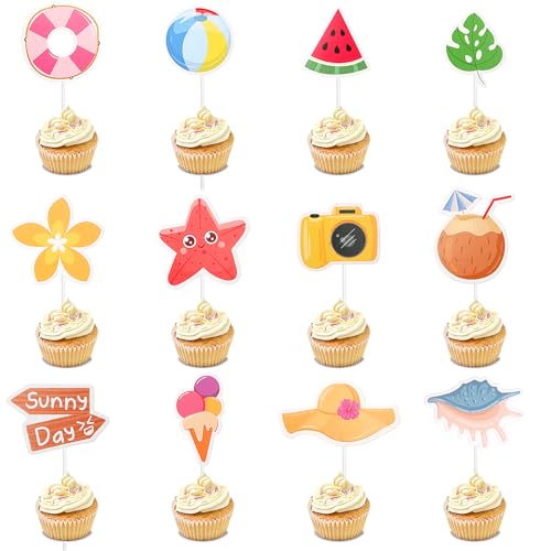 36 Stück Beach Party Deko Cupcake Topper Hawaii Party Deko Strand Torten Dekoration Summer Beach Pool Cupcake Deko Strand Tortendeko, Sonne, Kokosnuss Auswahl Sommerliche Poolparty Deko von Abeillo