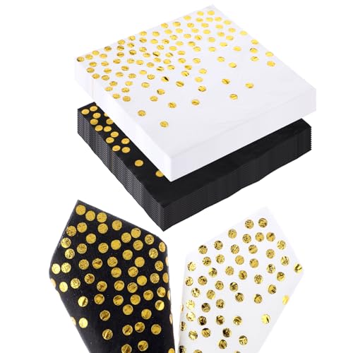 Servietten Gold Dots, 40 Stück Servietten Schwarz Gold, Abeillo 16,5 cm Cocktail Servietten, Servietten Schwarz Gold Paper Napkins für Party, Geburtstag, Hochzeit Feiertagsfeier von Abeillo