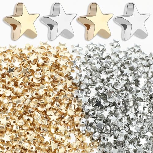 500 Stück 1cm Groß Stern Perlen Acryl Sternform Perlen für Armbänder,Pentagramm Zwischenperlen kleine Loch Spacer Perlen für DIY Armbänder Halskette Ohrring Schmuck(Gold und Silber)mit 5m Kristallseil von Abeillo